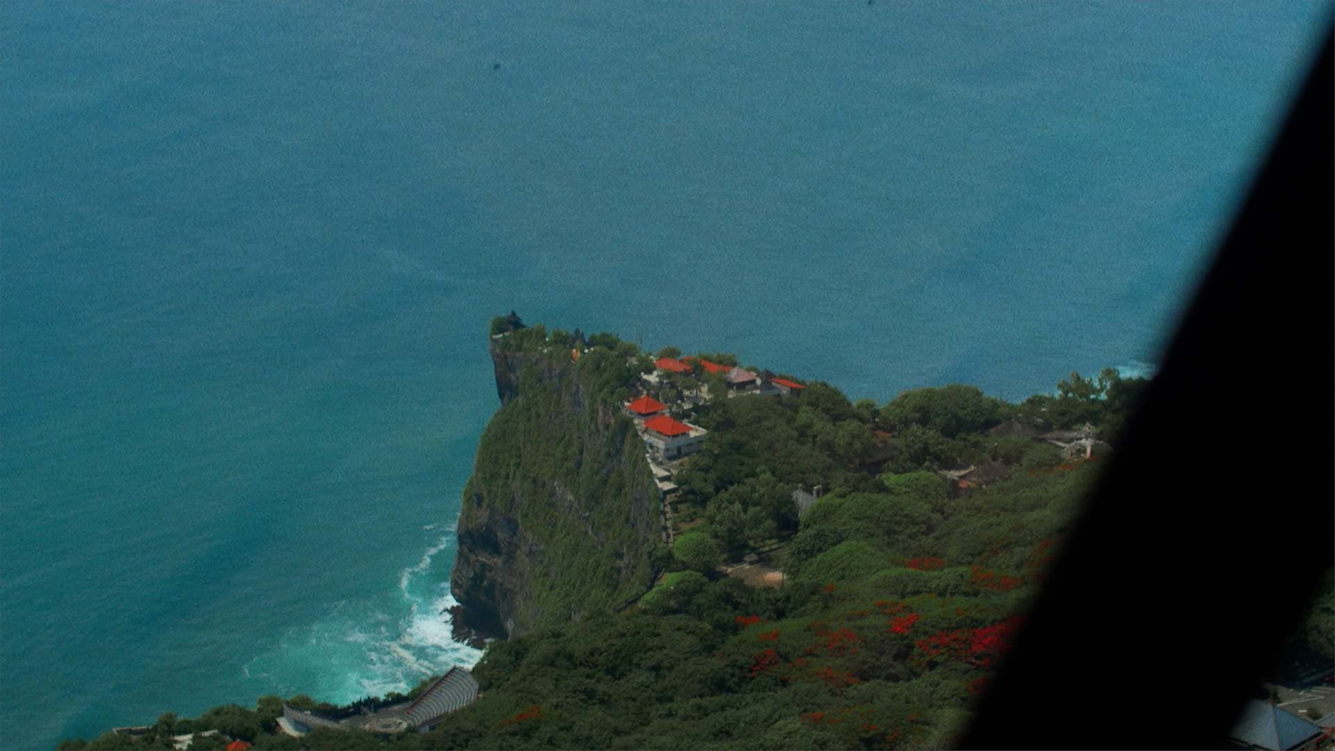 Aerial view of Bali coastline from helicopter